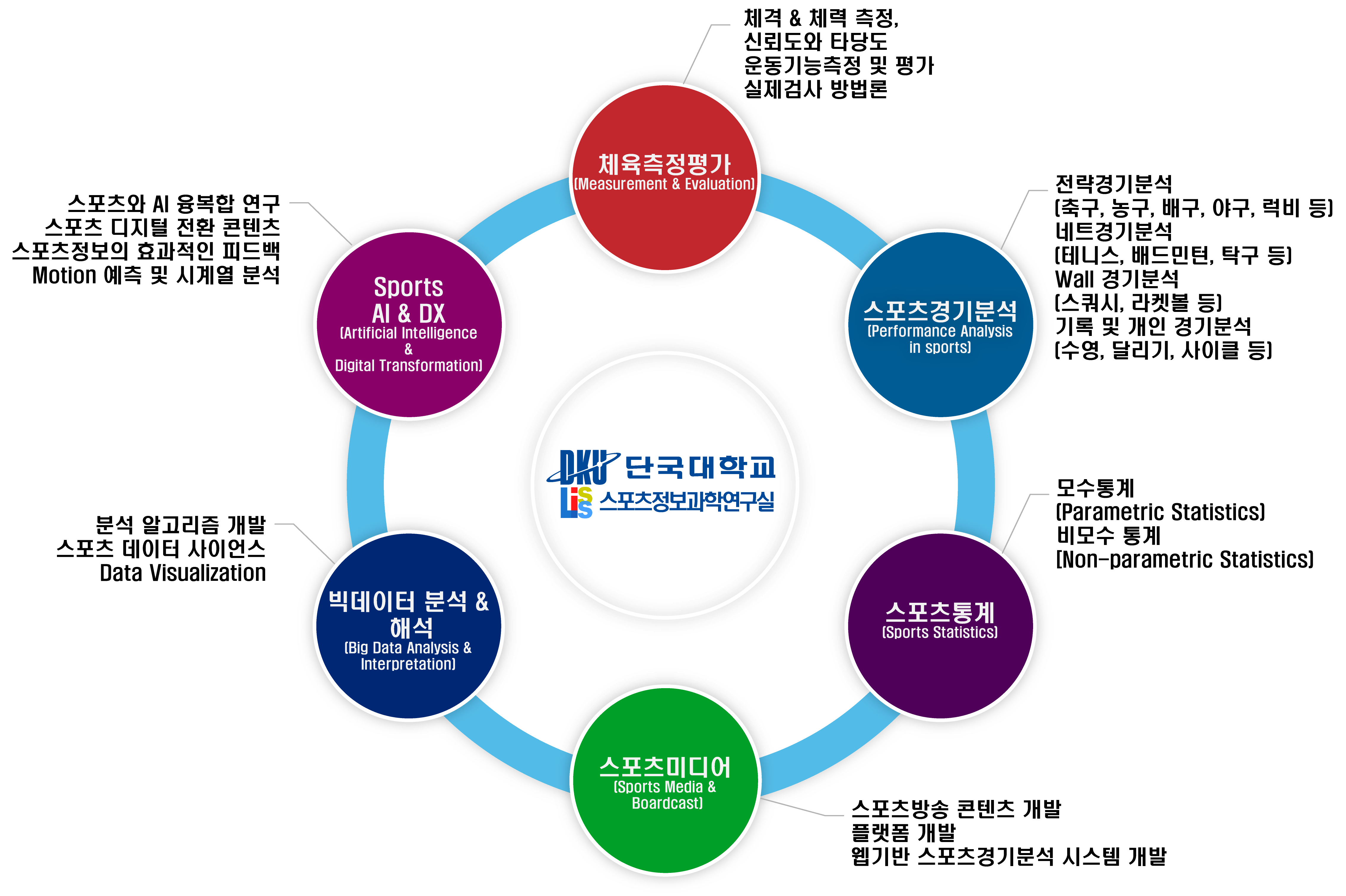 LISIS 6대 연구 분야 개념도 — 체육측정평가, 스포츠경기분석, 스포츠통계, 스포츠미디어, 빅데이터 분석, Sports AI & DX